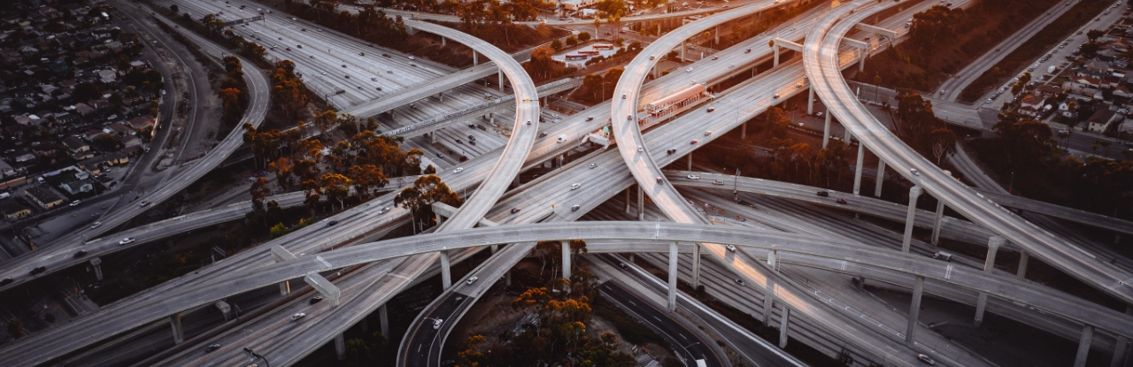 aerial view of a cloverleaf highway interchange